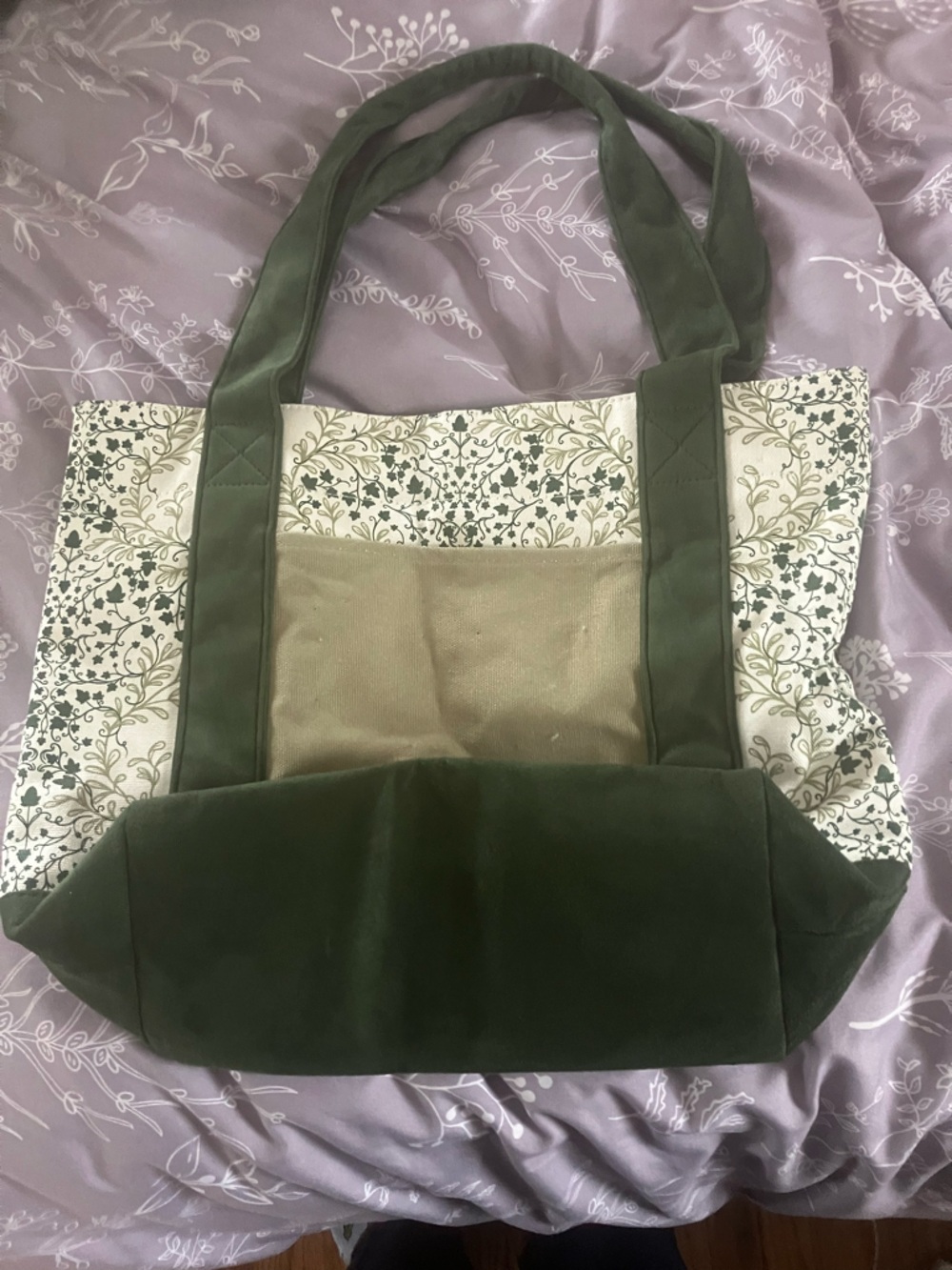 Barnes & Noble Green and Cream Floral Canvas Tote
